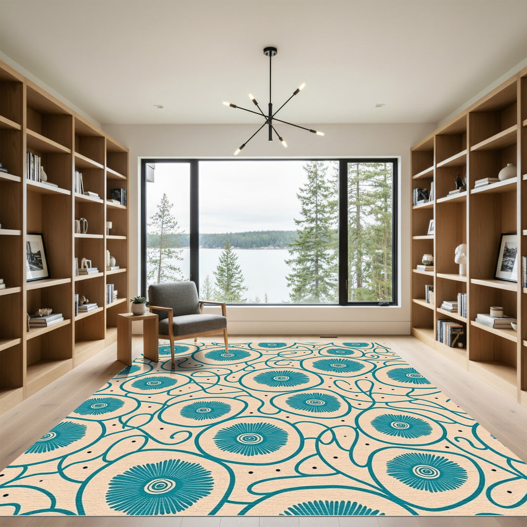 Teal Floral Vine Organic Abstract Rug