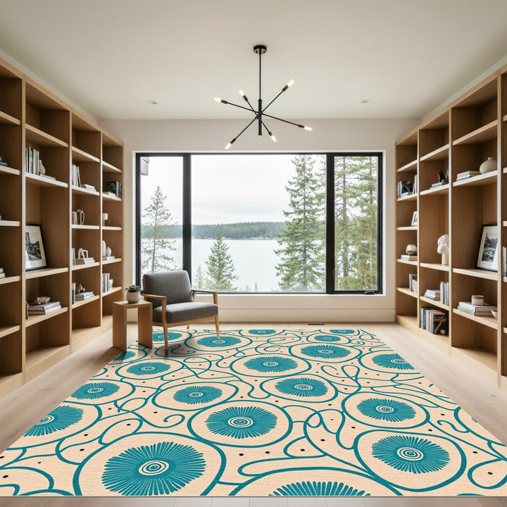 Teal Floral Vine Organic Abstract Rug
