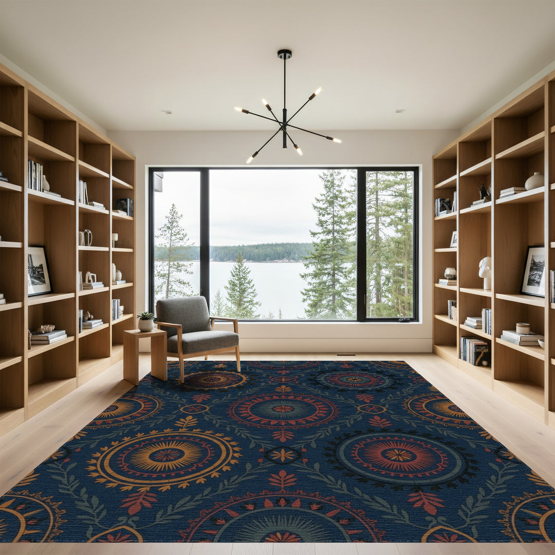 Dark Blue Medallion Floral Foliage Rug