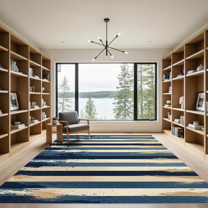 Navy Blue Tan Abstract Stripe Rug