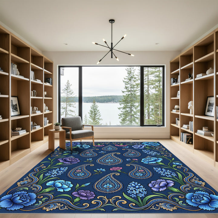 Deep Blue Paisley Floral Border Rug