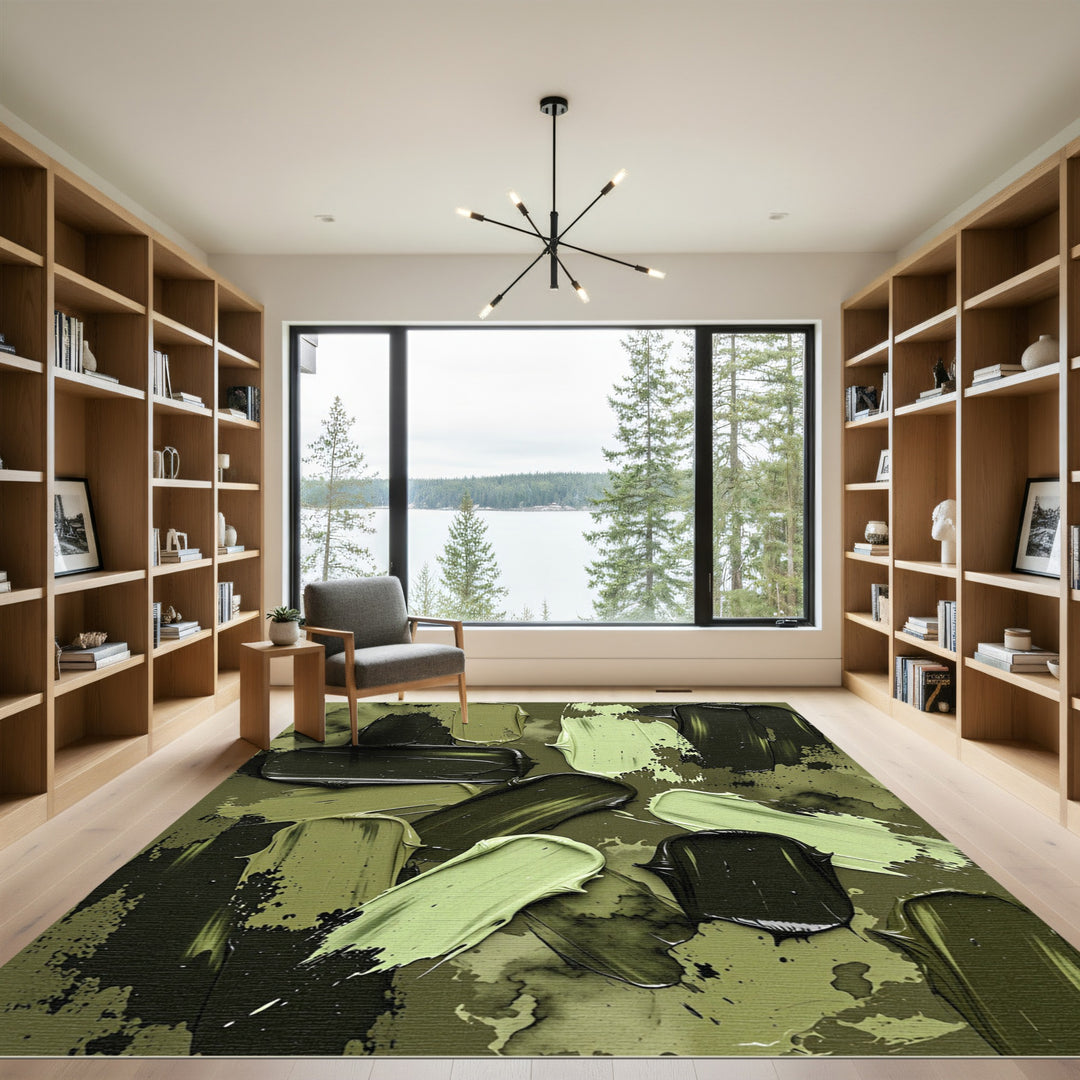 Abstract Olive Green Paint Strokes Rug