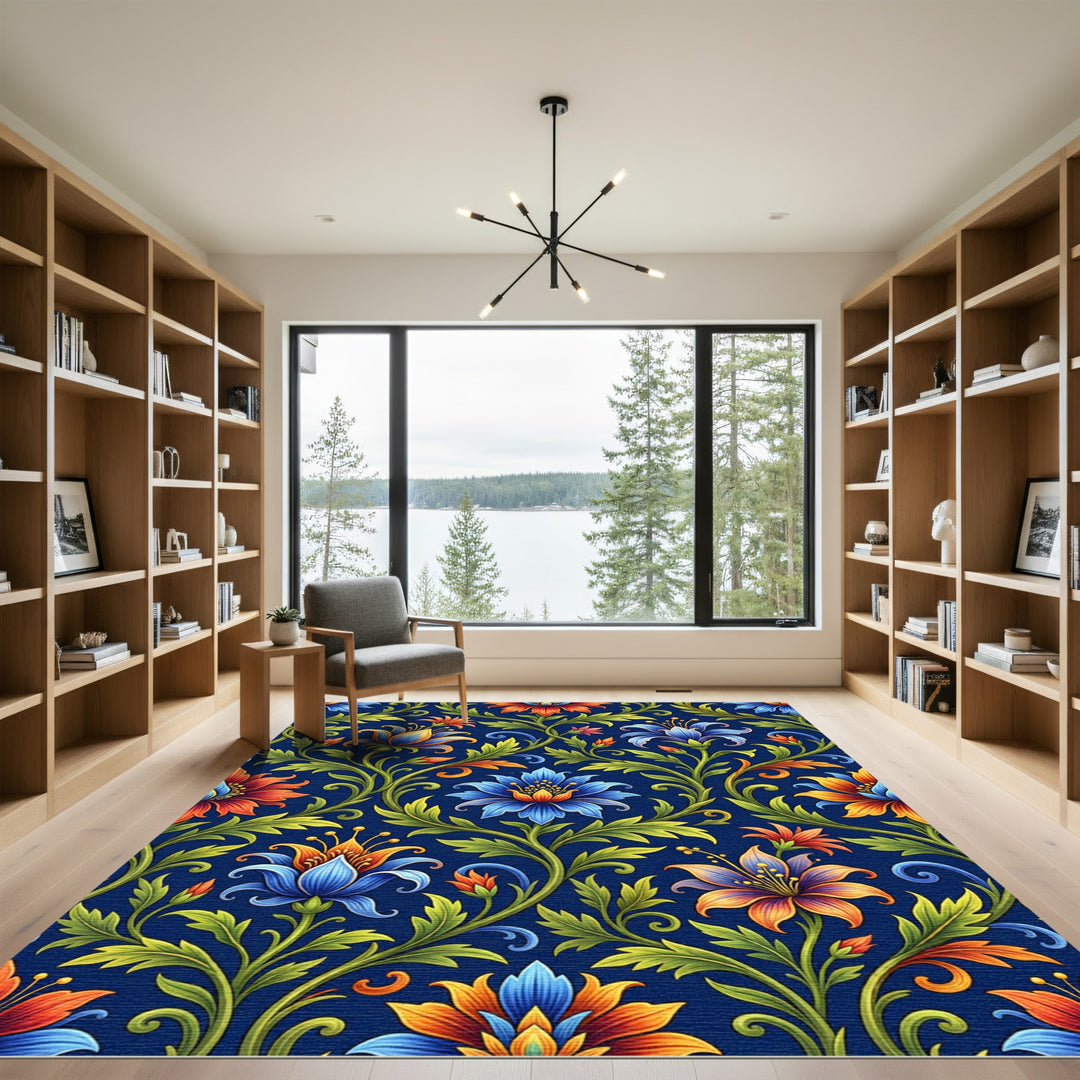 Ornate Blue Orange Floral Vine Rug