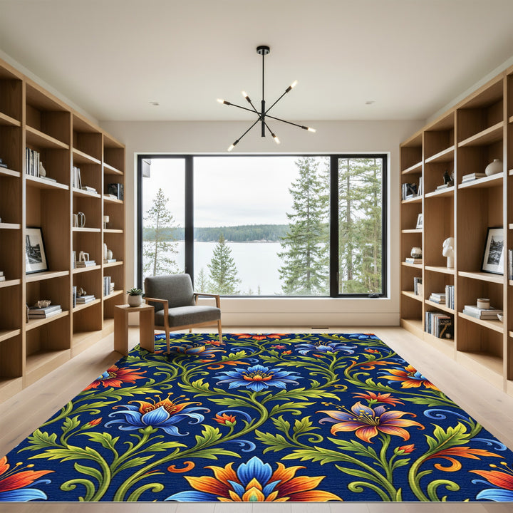 Ornate Blue Orange Floral Vine Rug