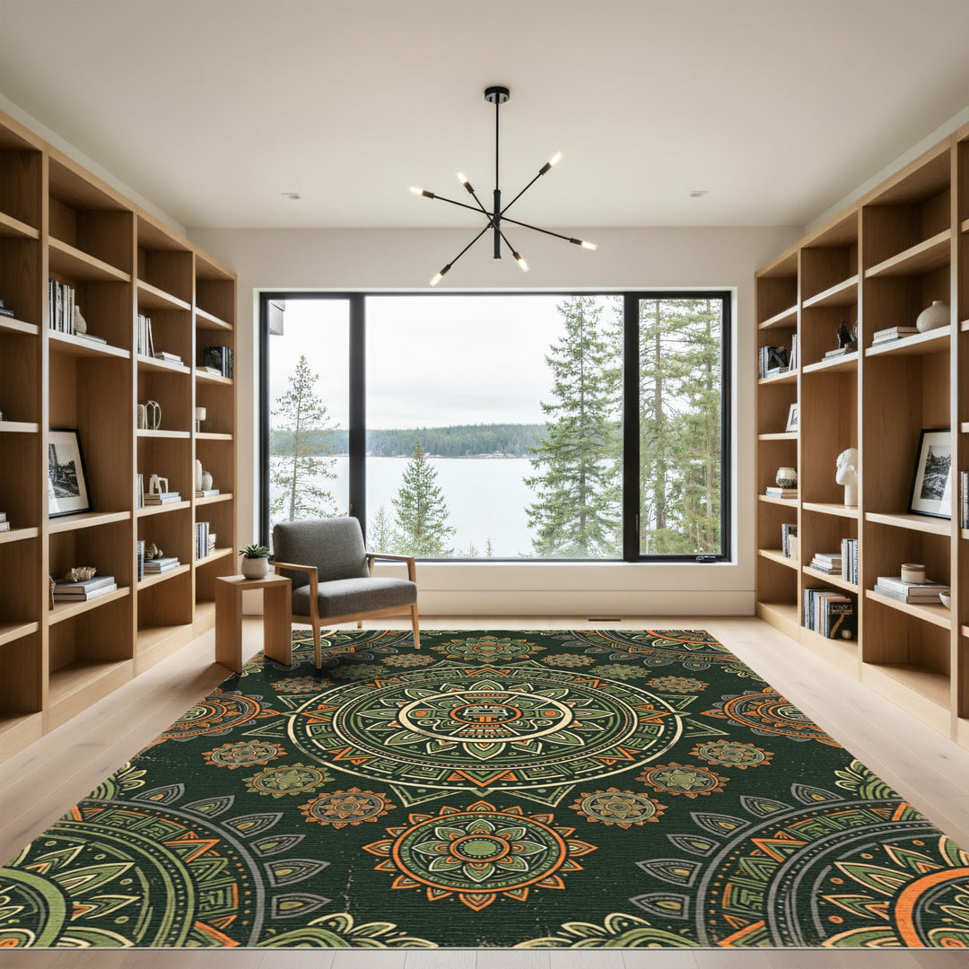 Ancient Sun Mandala Green Orange Rug