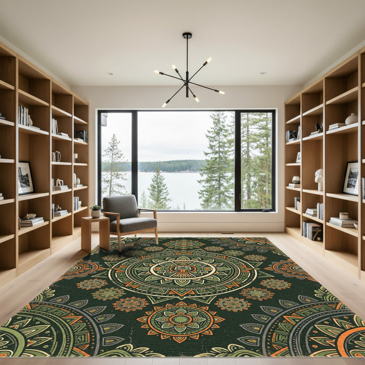 Ancient Sun Mandala Green Orange Rug