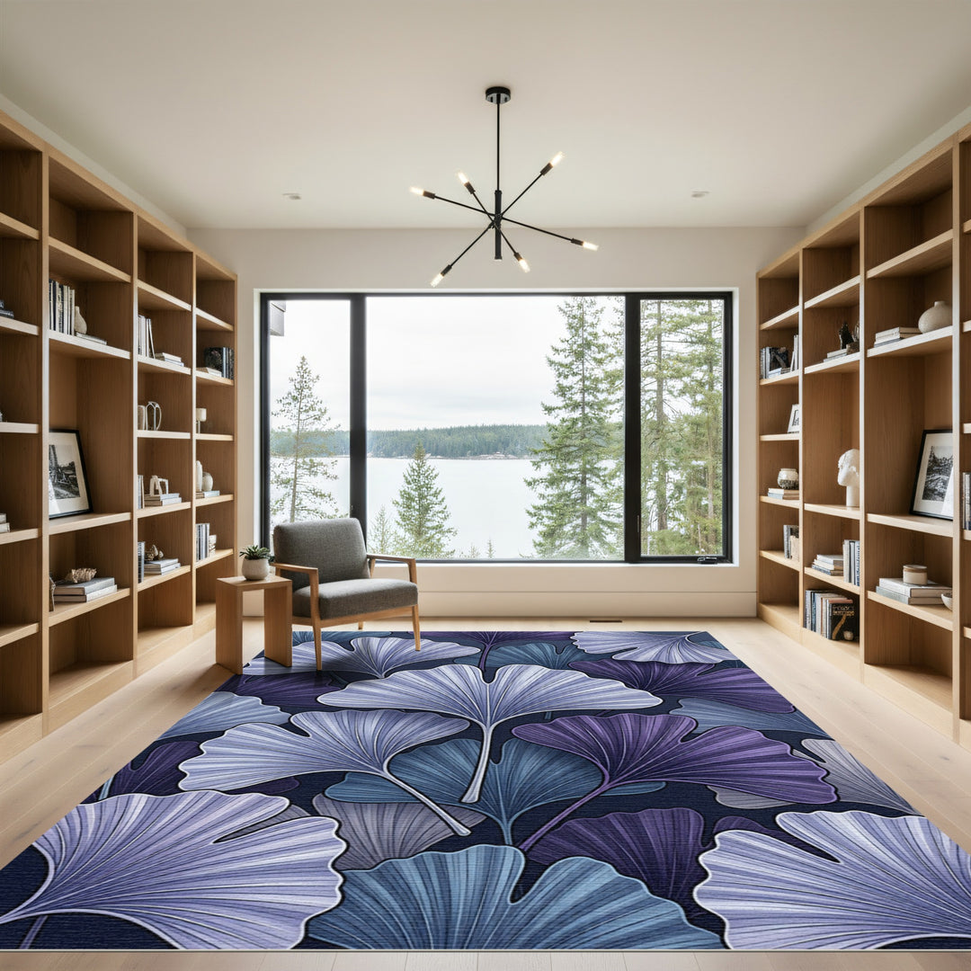 Cool Indigo Ginkgo Leaf Collage Rug