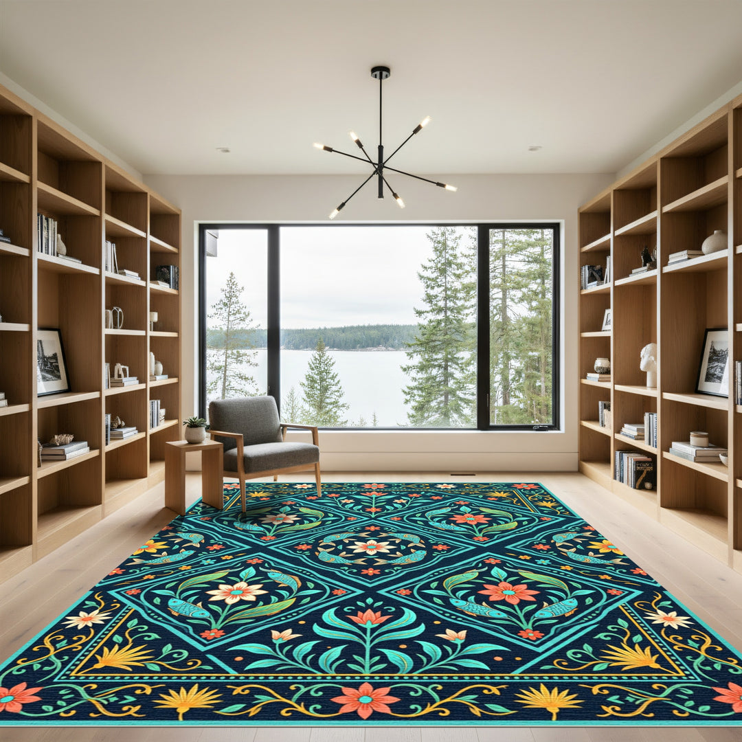 Aqua Teal Floral Fish Medallion Rug