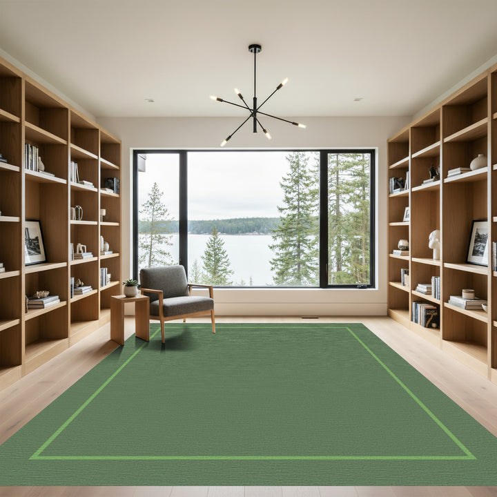 Earthy Olive Green Geometric Border Rug