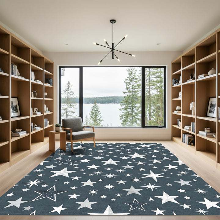 White Stars Dark Teal Background Rug