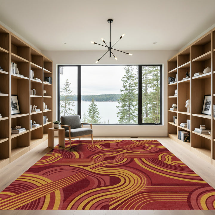 Crimson Gold Swirl Mid Century Rug