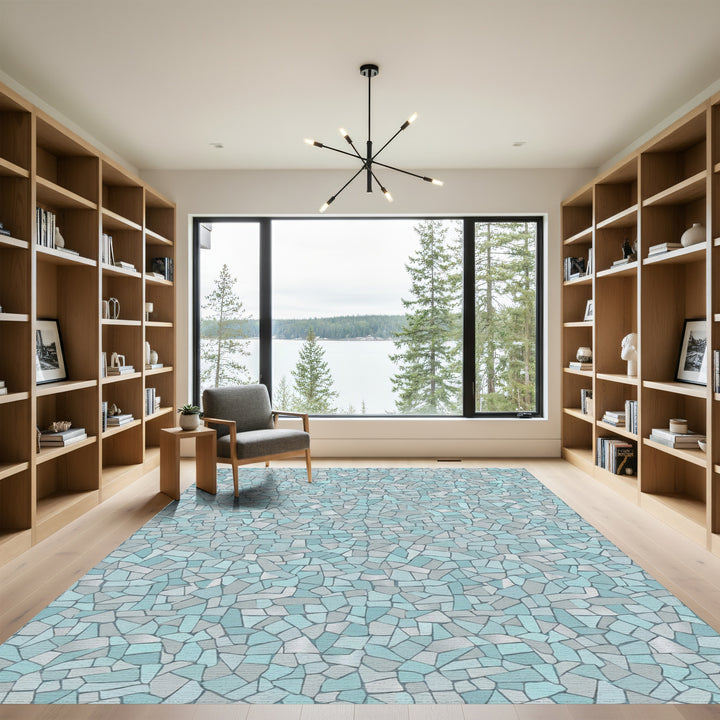 Cool Blue Cracked Stone Mosaic Rug