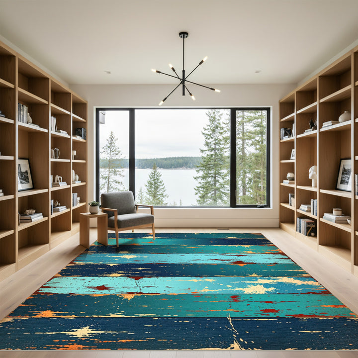 Distressed Teal Blue Wood Plank Rug