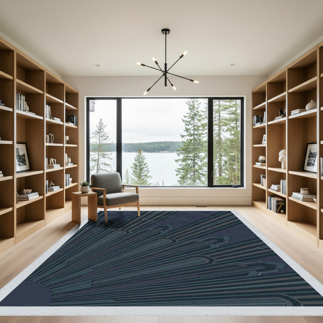 Art Deco Navy Sunburst Rays Rug