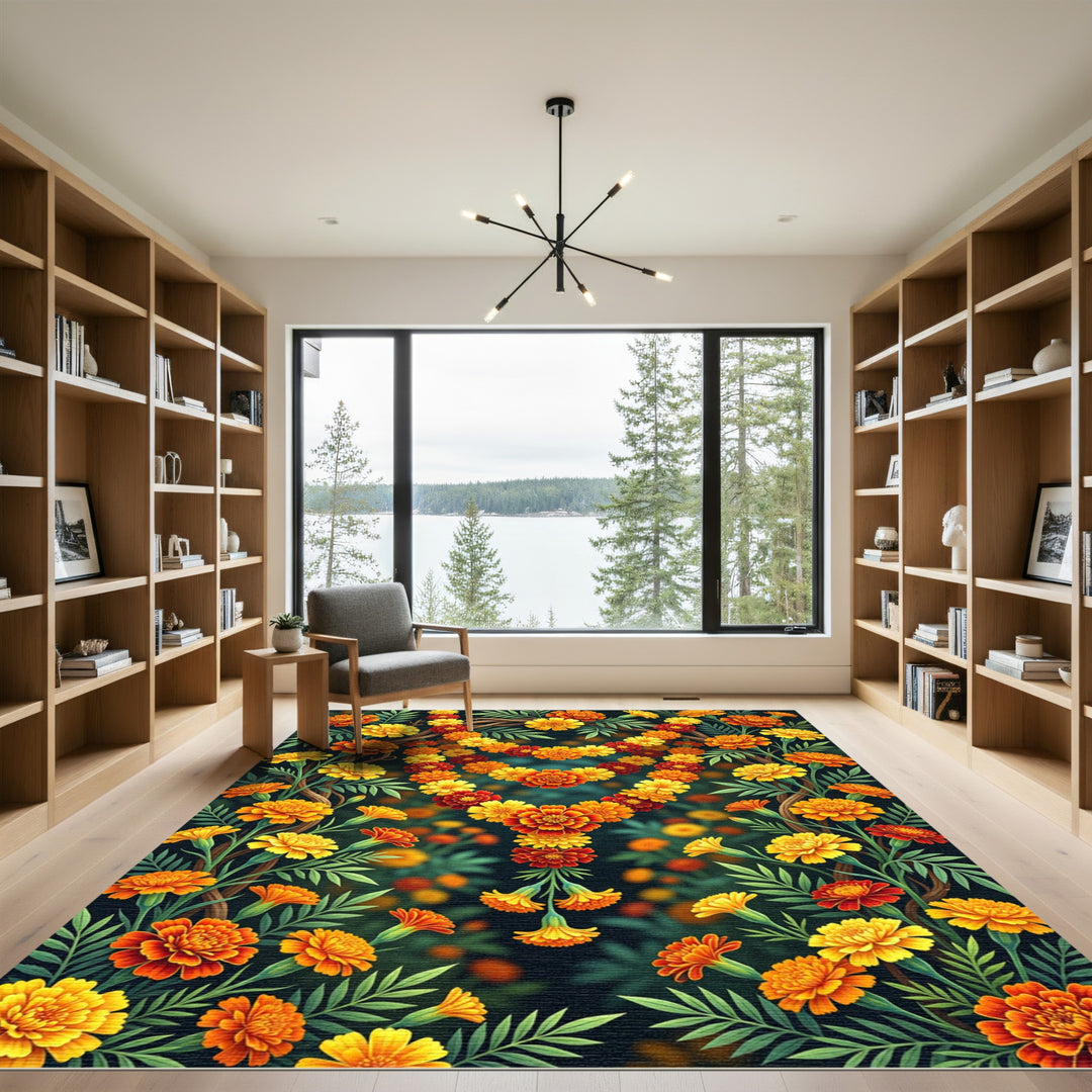 Vibrant Marigold Flower Garland Heart Rug