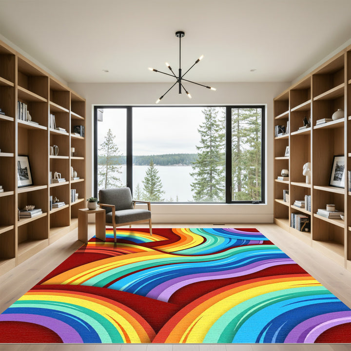 Vibrant Wavy Rainbow Abstract Rug