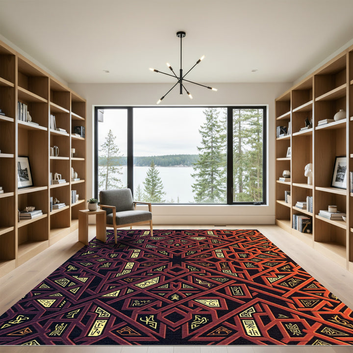 Red Black Geometric Interlocking Pattern Rug