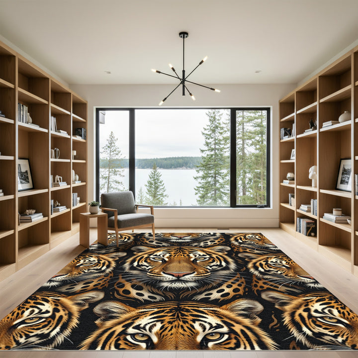 Bold Tiger Faces Black Background Rug