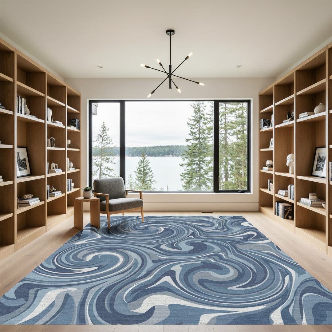 Abstract Blue Swirl Marbled Rug