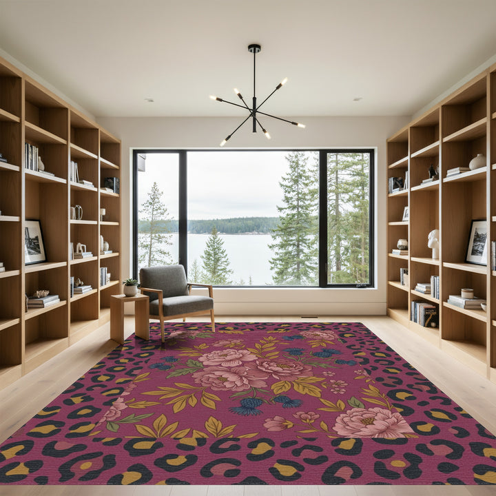 Burgundy Floral Leopard Border Rug