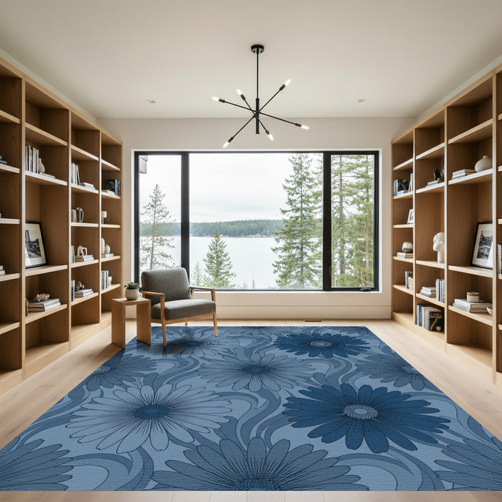 Dark Blue Floral Swirl Art Nouveau Rug