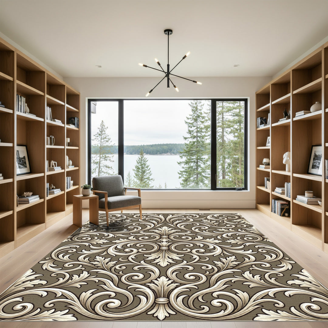 Elegant Cream Acanthus Scrollwork Rug