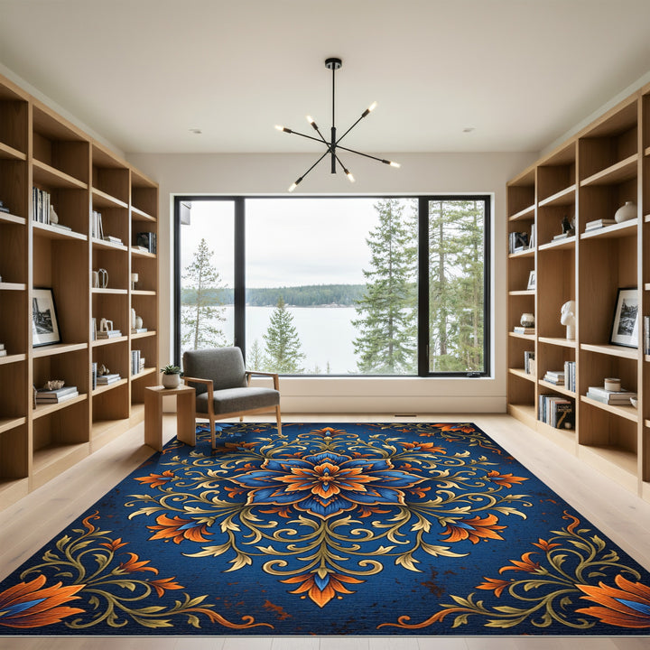 Ornate Blue Orange Floral Medallion Rug