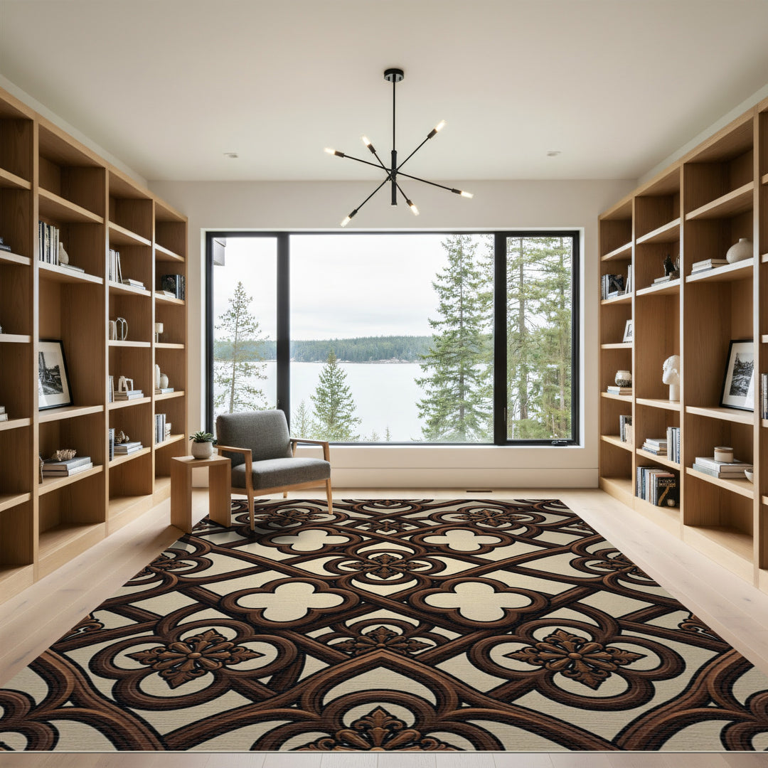Elegant Brown Quatrefoil Lattice Scroll Rug