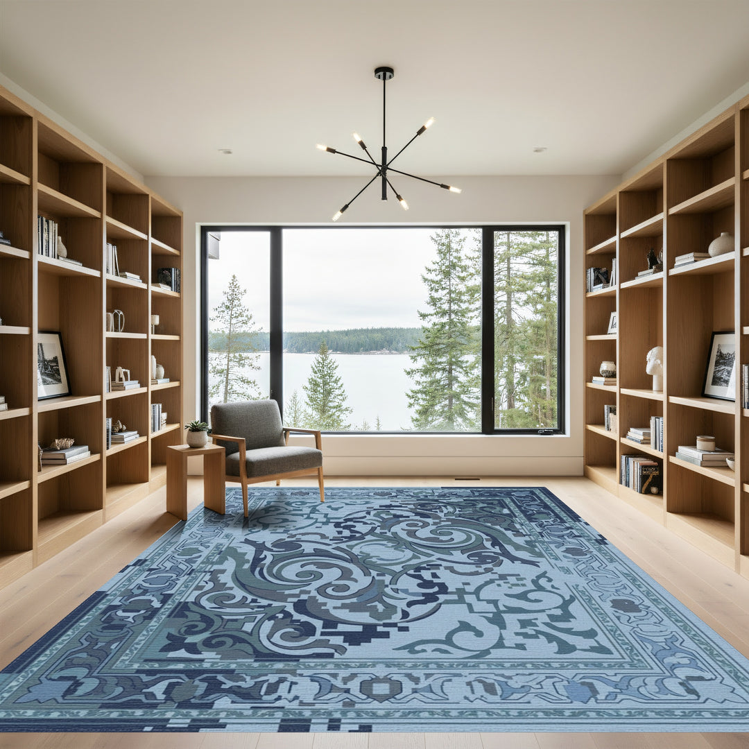 Abstract Blue Filigree Swirl Medallion Rug