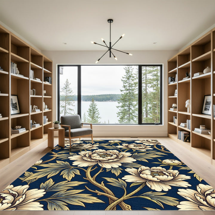 Vintage Cream Peony Floral Navy Rug