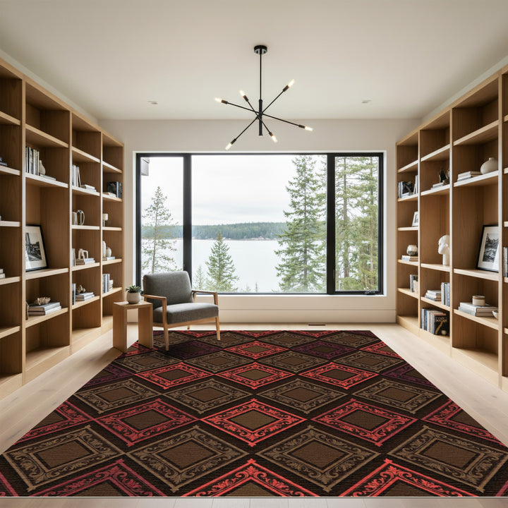 Deep Red Brown Scrollwork Diamond Rug