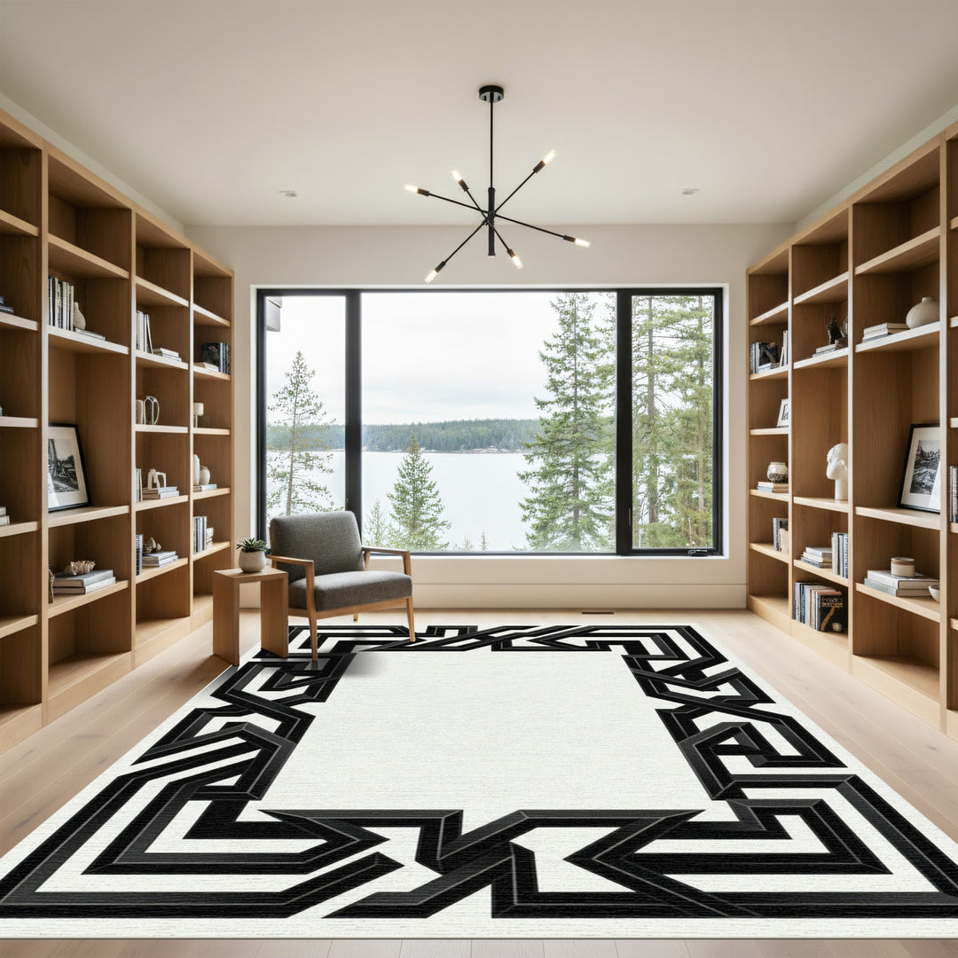 Bold Black Geometric Interlocking Frame Rug