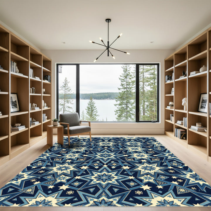 Deep Blue Starburst Floral Geometric Rug