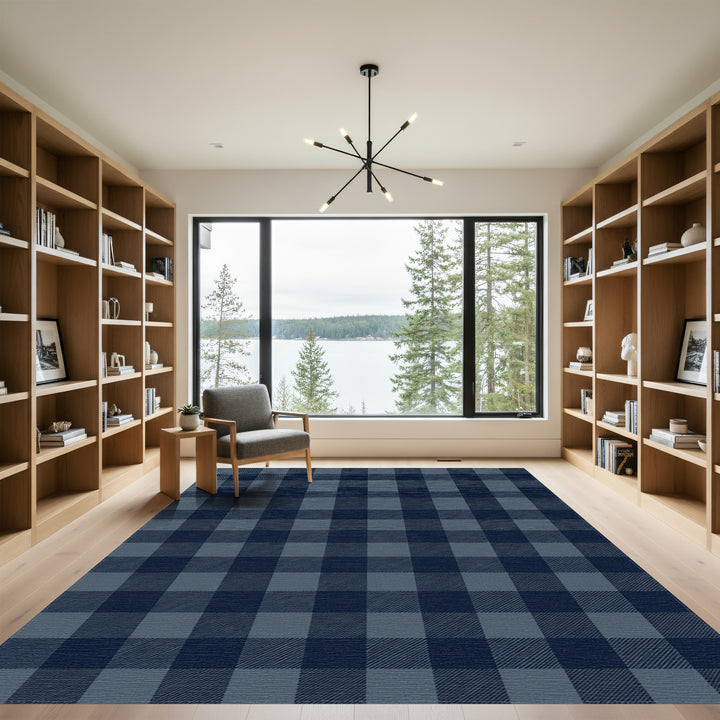 Navy Blue Tonal Plaid Check Rug