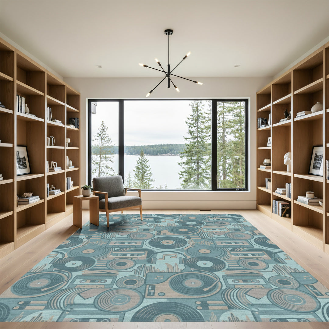 Retro Vinyl Cassette Turntable Audio Collaged Rug
