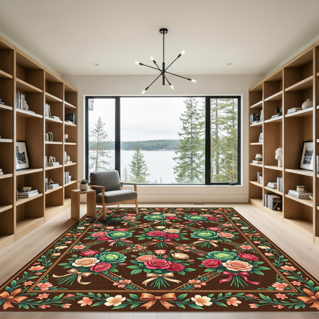 Brown Vintage Floral Cabbage Rose Medallion Rug