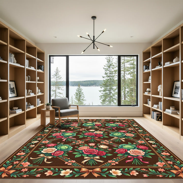 Brown Vintage Floral Cabbage Rose Medallion Rug