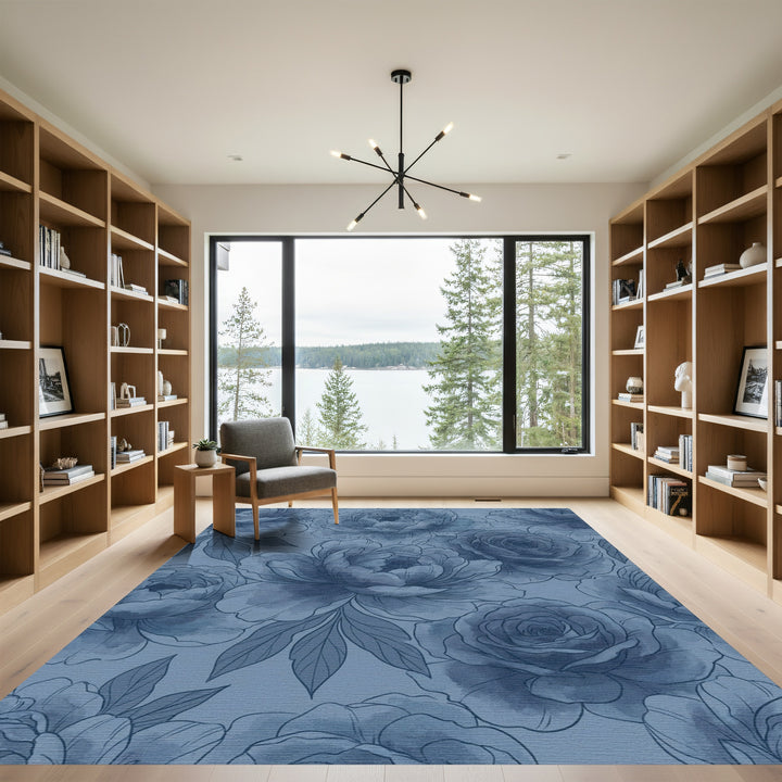 Monochromatic Blue Floral Garden Rug