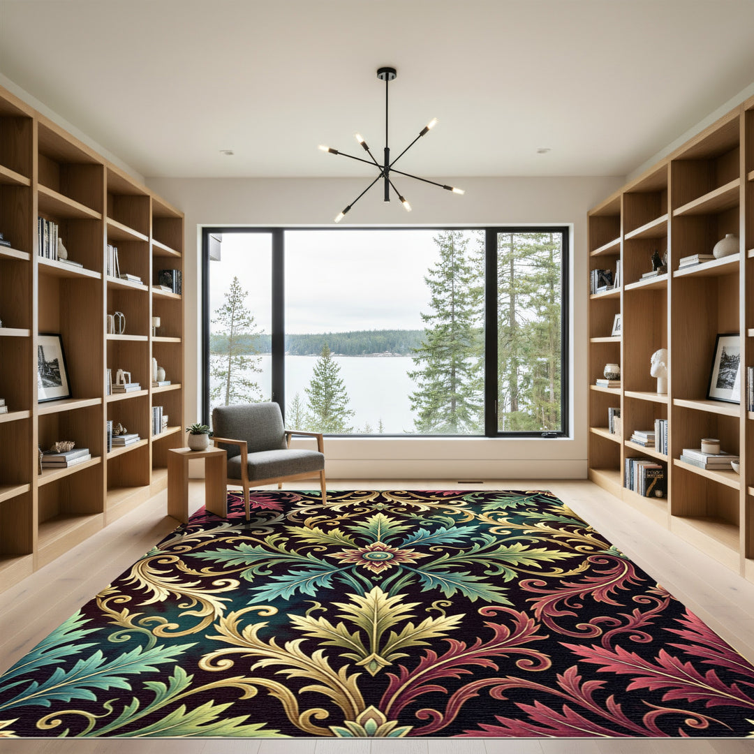 Ornate Golden Teal Red Leaf Rug