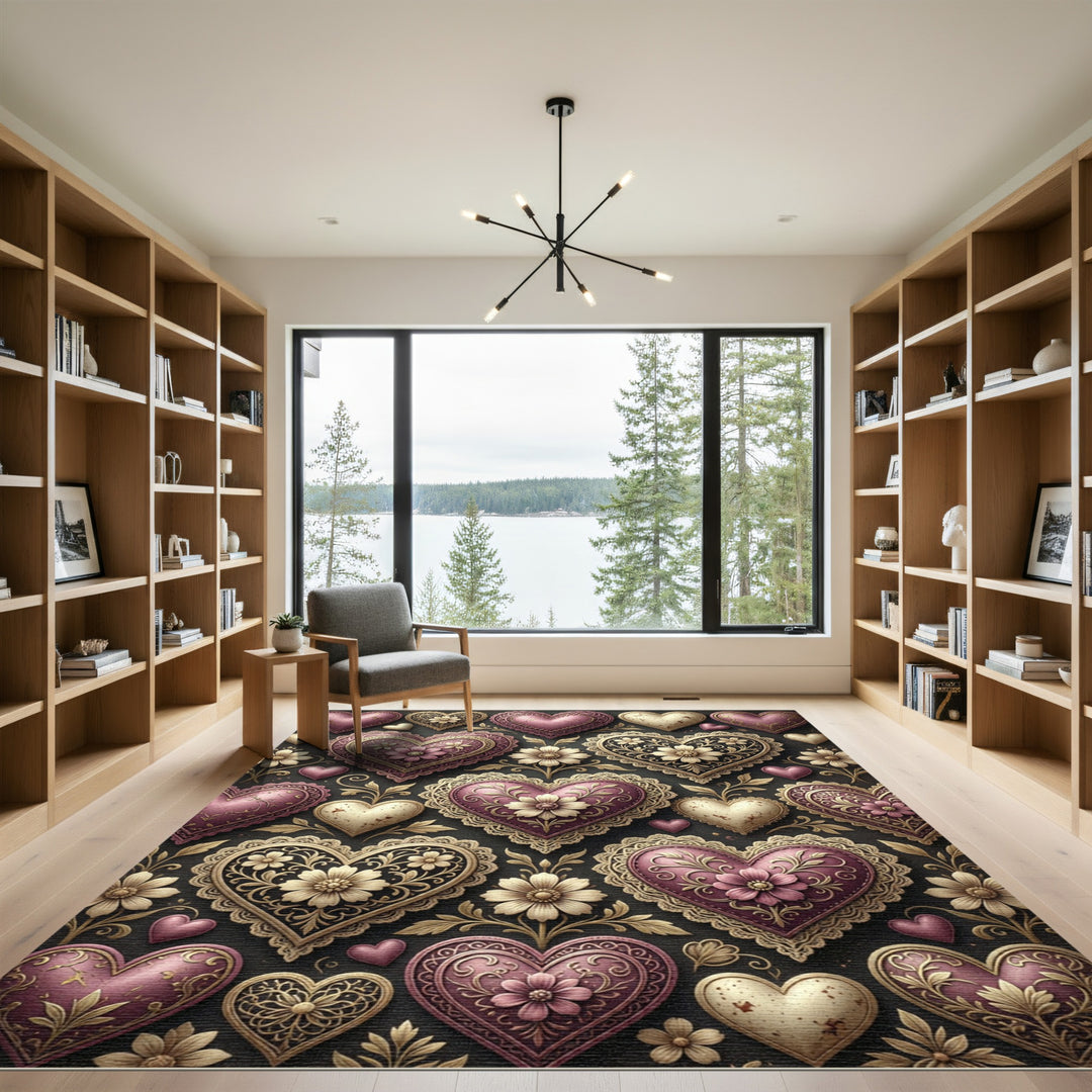 Ornate Hearts with Filigree Bloom Pattern Rug