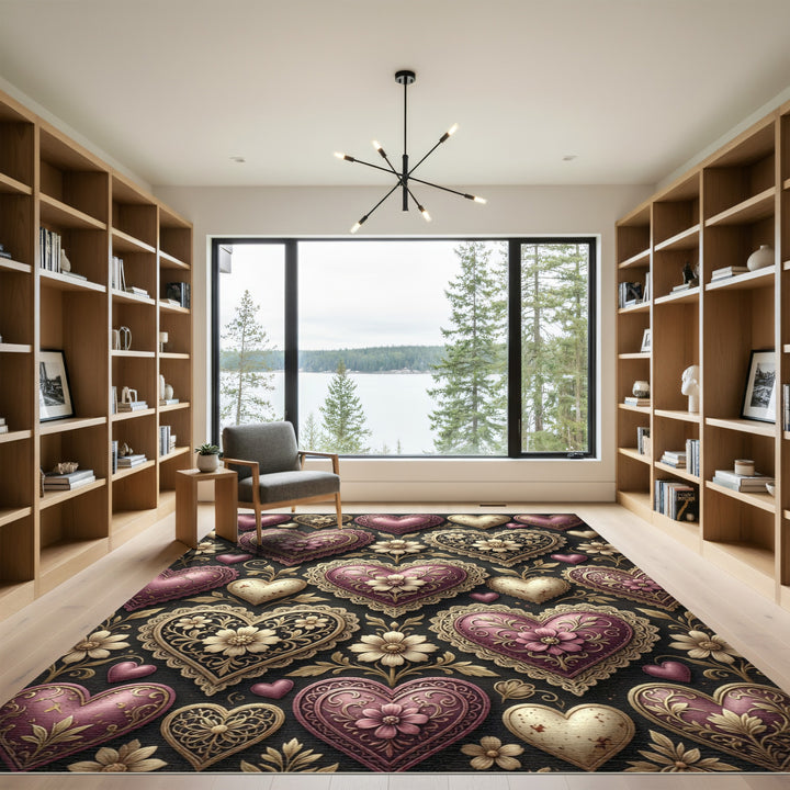 Ornate Hearts with Filigree Bloom Pattern Rug