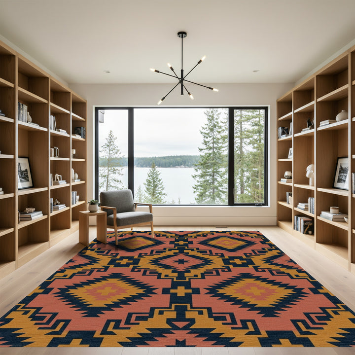 Terracotta Dark Blue Sun Geometric Rug