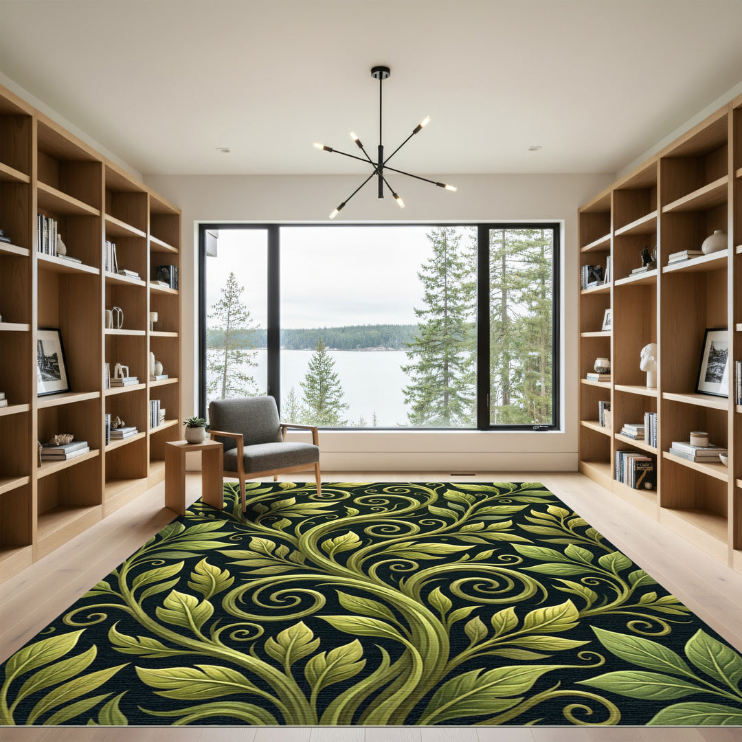 Elegant Green Leaf Swirl Rug