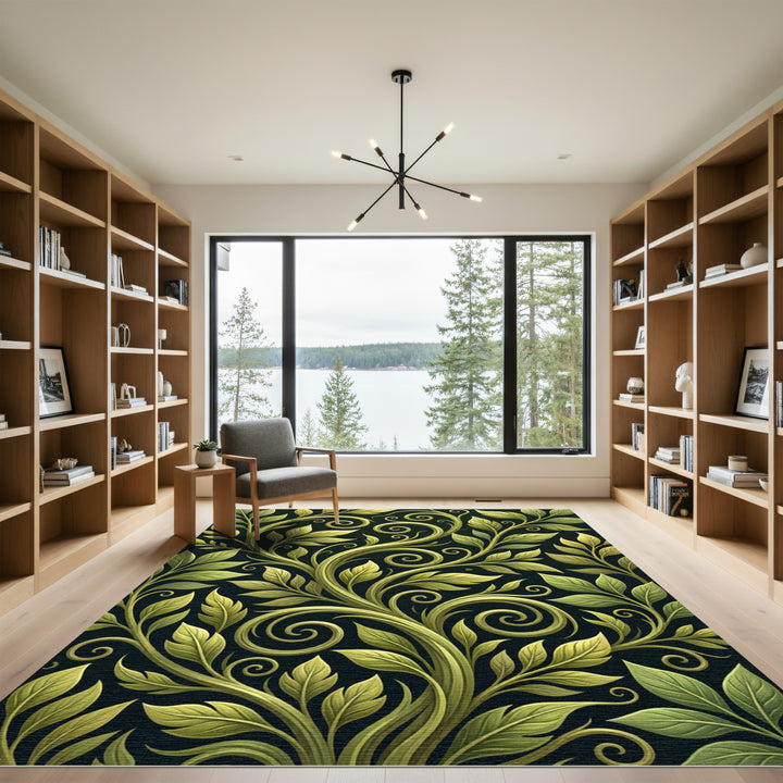 Elegant Green Leaf Swirl Rug