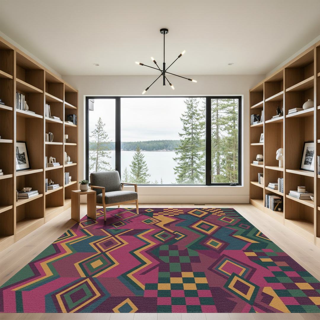 Crimson Teal Gold Geometric Diamond Patchwork Rug