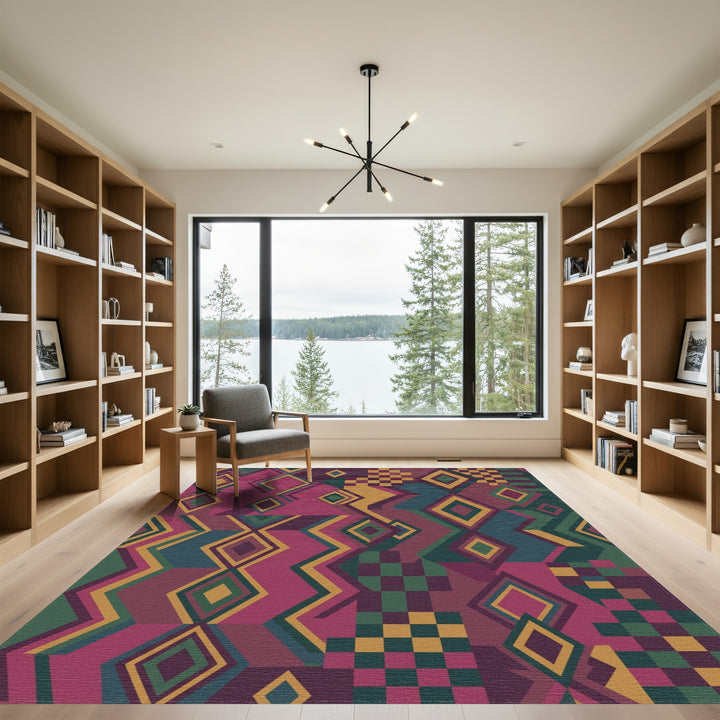 Crimson Teal Gold Geometric Diamond Patchwork Rug