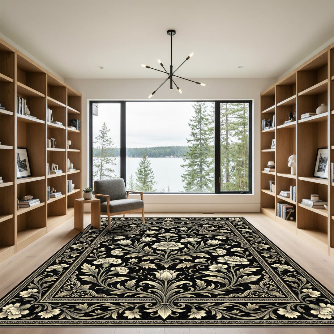 Black Cream Floral Vine Scroll Rug
