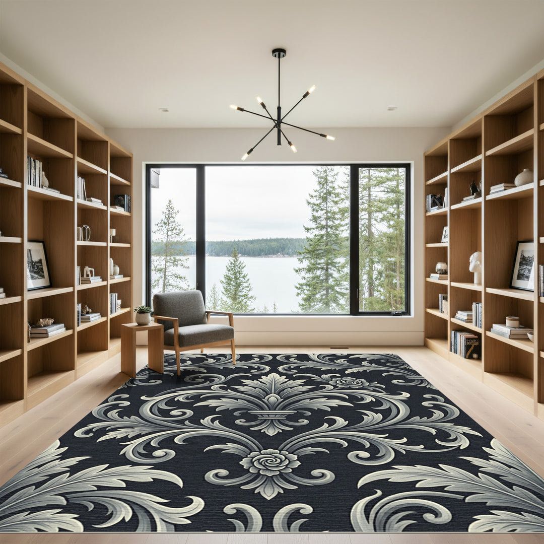Ornate Gray Floral Scrollwork Rug