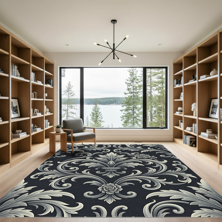 Ornate Gray Floral Scrollwork Rug