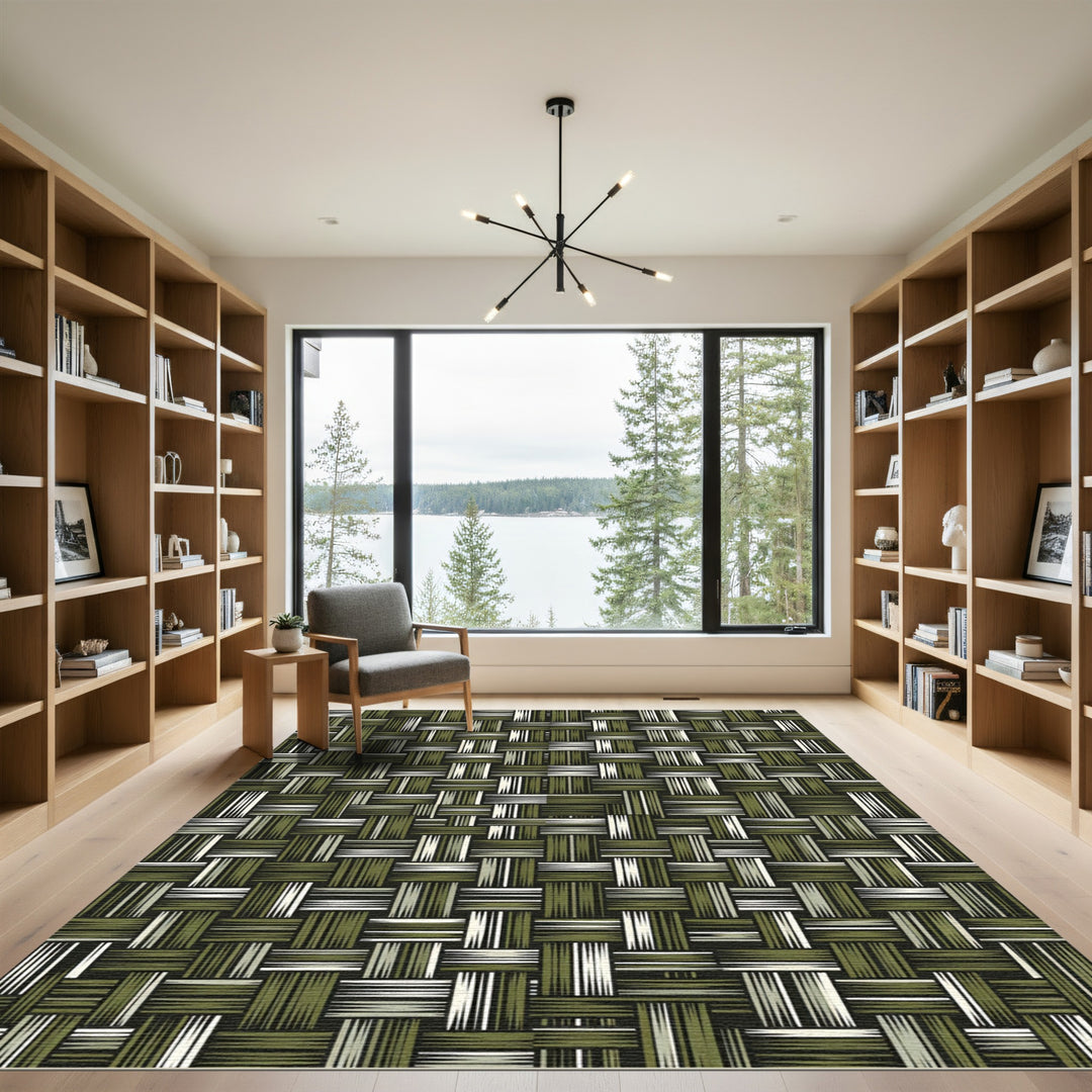 Woven Olive Green Abstract Rectangle Rug